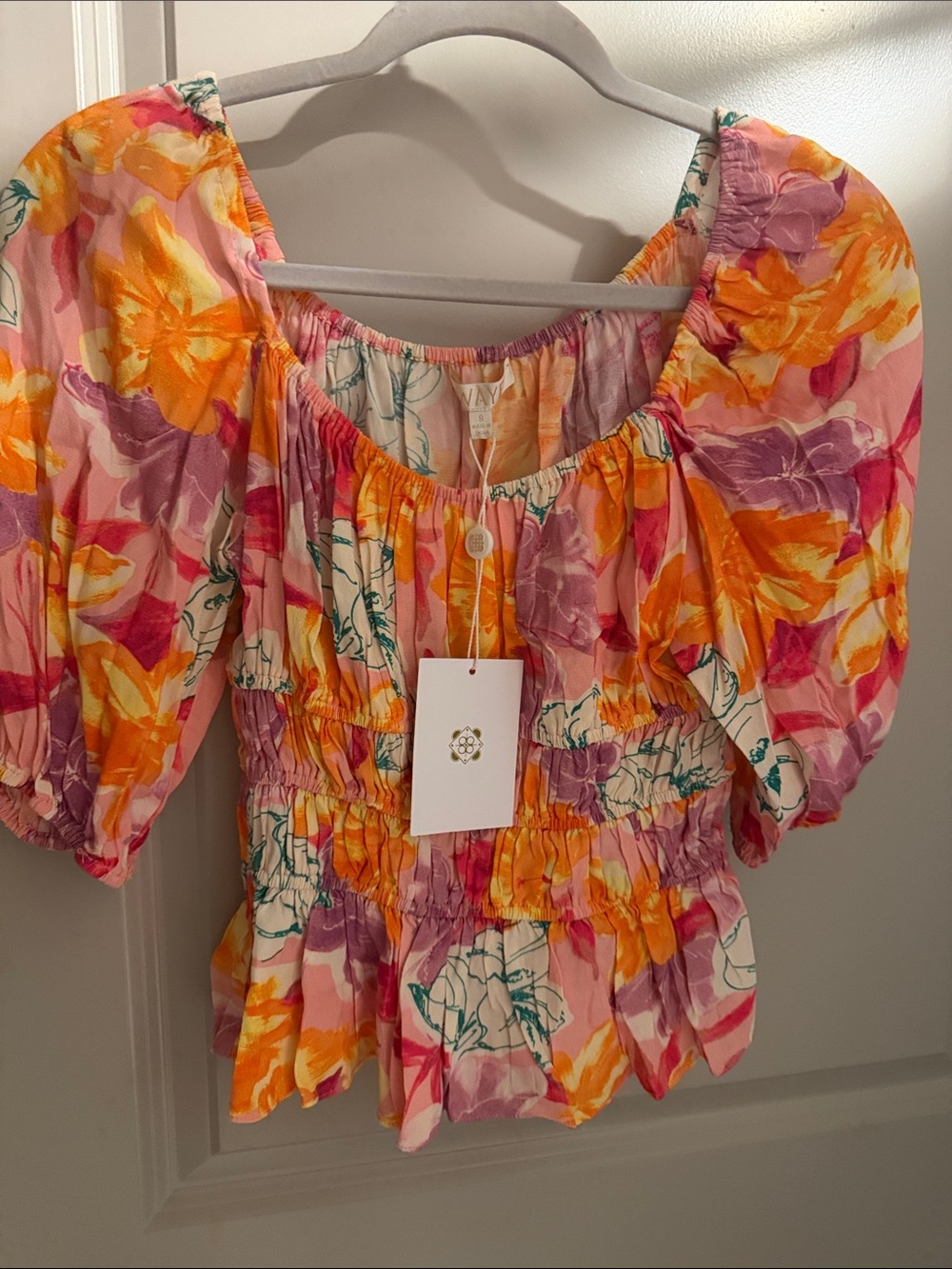 Wayf Pink, Orange & Purple Floral Puff-Sleeve Peplum Top